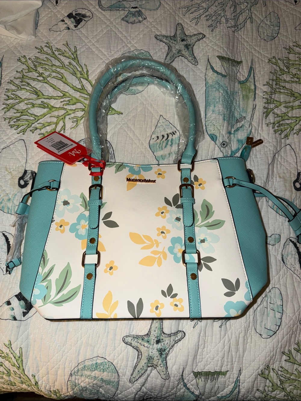 Montana West Floral Tote in White, Aqua and Yellow